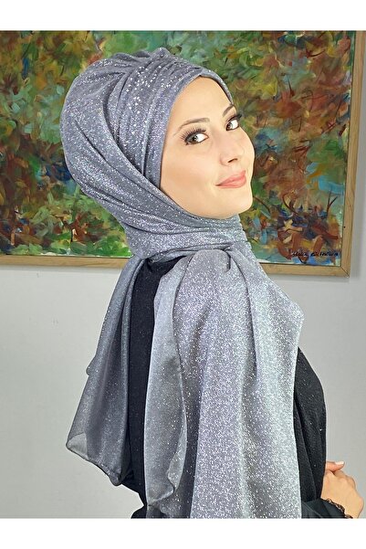 MY UKİYO STORE Simli Düz Büzgülü Sade Abiye Uzun Şal
