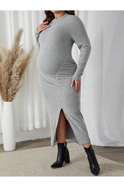 NO BRAND Rochie de maternitate gri, cu dungi, cu șliț, cu drapaje, midi, Shei...