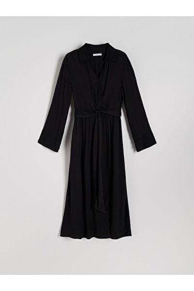 NO BRAND Rochie neagră clasică elegantă, cu decolteu petrecut, cu cordon, mân...