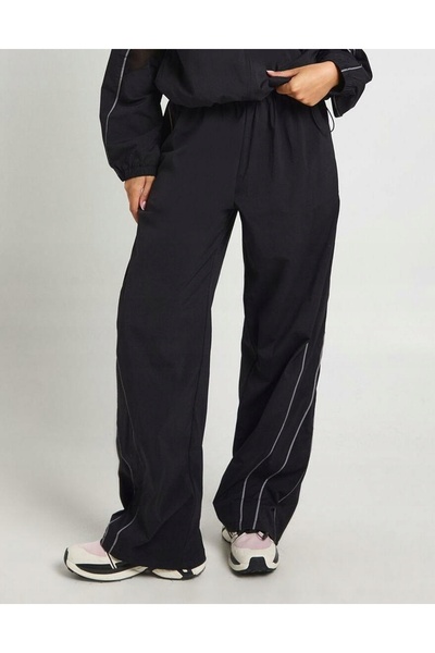 NO BRAND Pantaloni de trening negri, largi, cu talie elastică, cu dungi gri, ...