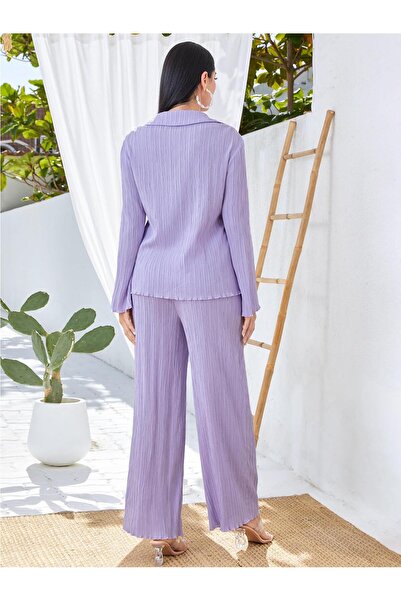 NO BRAND Set cămașă și pantaloni texturat, mov deschis, Shein 40/42