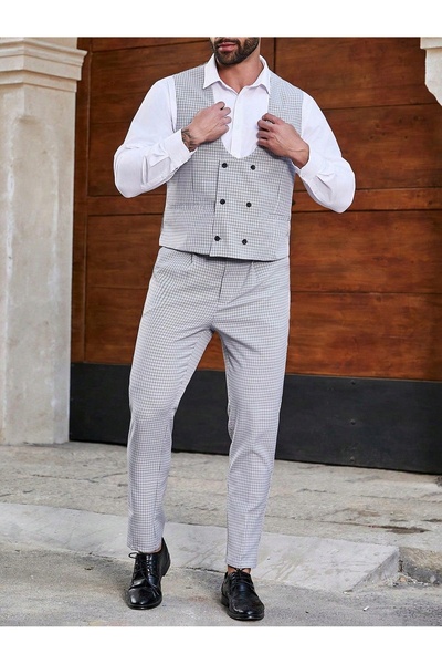 NO BRAND Costum cu vestă, alb, gri, negru, uni, în carouri, manfinity 5xl