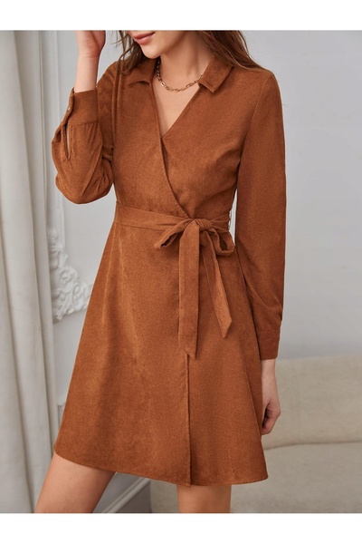 NO BRAND Rochie mini din catifea reiată, maro, cu cordon, simplă, uni, Shein S