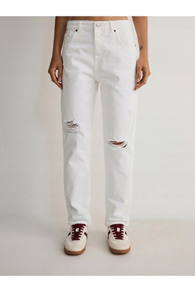 NO BRAND Pantaloni din denim alb cu rupturi clasice, talie joasă, Reserve 34