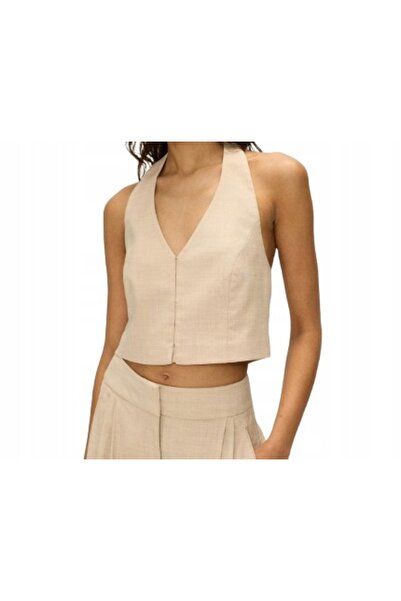 NO BRAND Top scurt croșetat bej, cu guler halter și spate deschis, Reserve XL