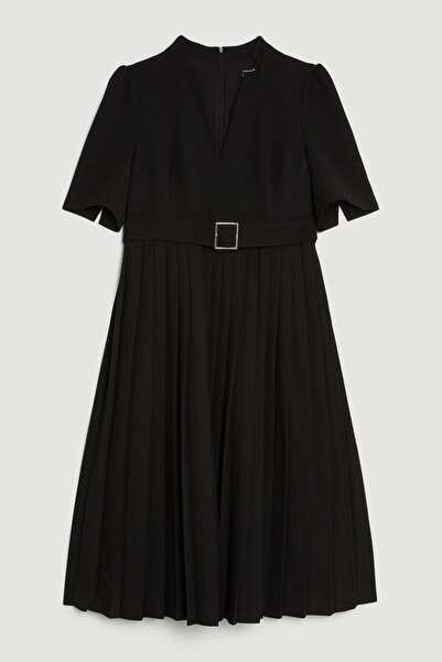 NO BRAND Rochie neagră cu fustă plisată, curea, lungime midi, decolteu în V, ...