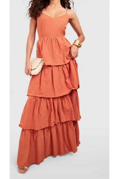 NO BRAND Rochie portocalie cu bretele, cu volane, din bumbac, maxi, Boohoo 46