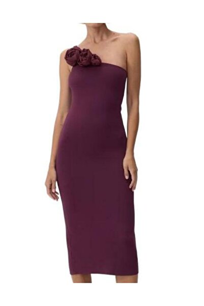 NO BRAND Rochie creion midi prună cu decorație clasică cu trandafiri, mărimea L.