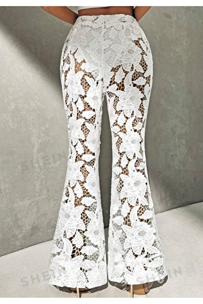 NO BRAND Pantaloni albi brodați evazați cu talie înaltă și model floral Shein...