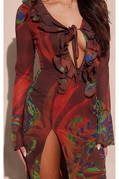 NO BRAND Rochie clasică maro cu mânecă lungă și fermoar Prettylittlething 38
