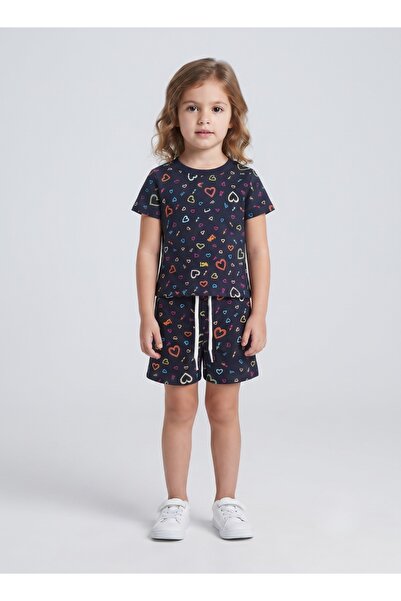 Babyqlo Girls Navy Multicolor Heart Print Co-ord Set