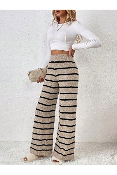 NO BRAND Pantaloni lungi tricotati bej, cu dungi clasice, croială dreaptă, ta...