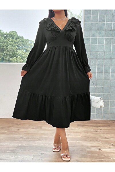 NO BRAND Rochie midi neagră, netedă, evazată, cu volane și decolteu în V de l...
