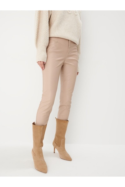 NO BRAND Pantaloni bej, croială skinny, picior îngust, buzunare, piele ecolog...