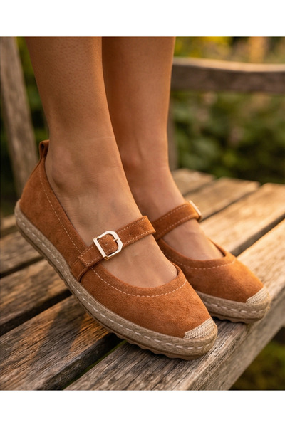 futsi shoes CORAL Taba Hakiki Deri Toka Detaylı Kadın Espadril Ayakkabı
