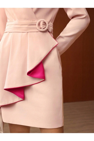 NO BRAND Rochie midi clasică roz pudră cu volane și mâneci lungi Motf L