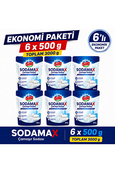 Sır Sodamax Çamaşır Sodası 6 x 500 g Ekonomi Paketi | Toplam 3000 g | Deterja...