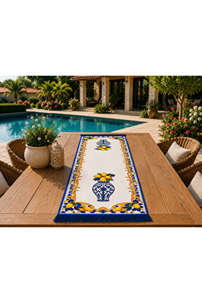 sue collection Limon & Üzüm Desenli Püsküllü Runner 40x140 cm