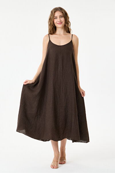 della moor Brown Italian 100% Linen Long Linen Dress with Straps Size 38 - 42