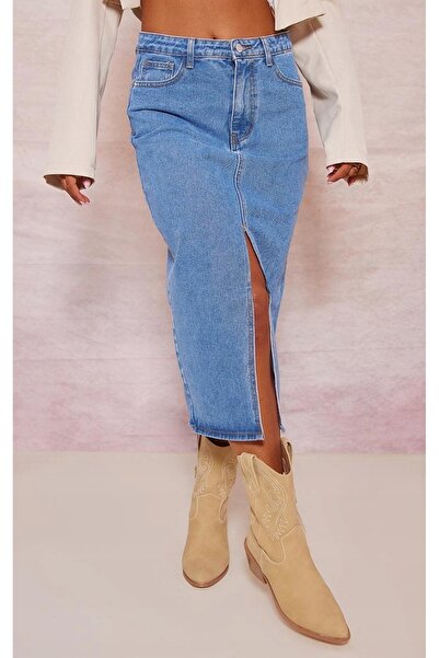 NO BRAND Prettylittlething Fustă midi albastră, dreaptă, cu șliț 34
