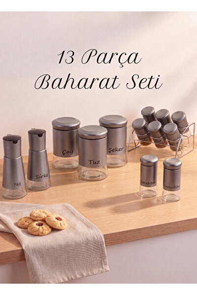 GÖNÜL 13-Piece Gray Spice Rack Set, 6-Piece Spice Rack with Stand, 3 Large Ja...