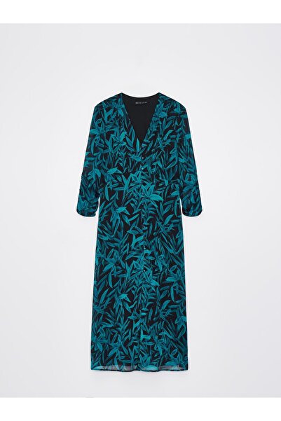 NO BRAND Rochie midi din șifon, cu model negru-verde, mânecă 3/4, Mohito 34