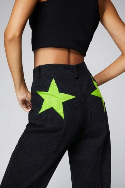 NO BRAND Pantaloni simpli lungi negri din catifea reiată cu stele verzi Gal 36