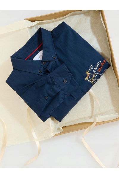 NO BRAND Cămașă de bumbac albastru marin, cu mâneci lungi, cu broderie cu des...