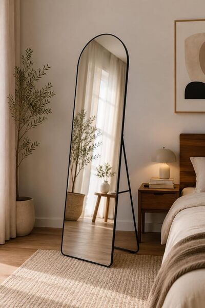 N.zone Elegant Black Framed Full-Length Arch Mirror, Stand or Hang, Modern De...