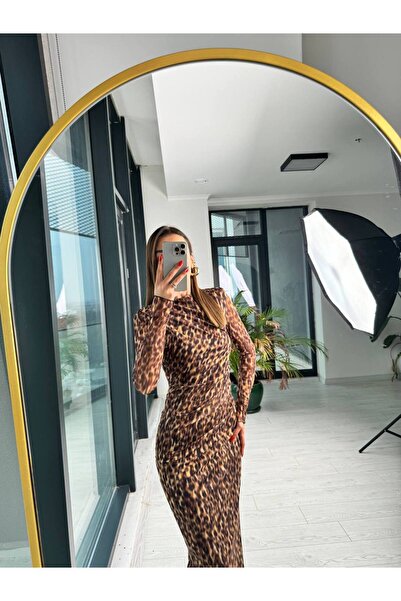 FWB Tasarım Premium Tül Kumaş Omuz Vatkalı Astarlı Leopar Elbise