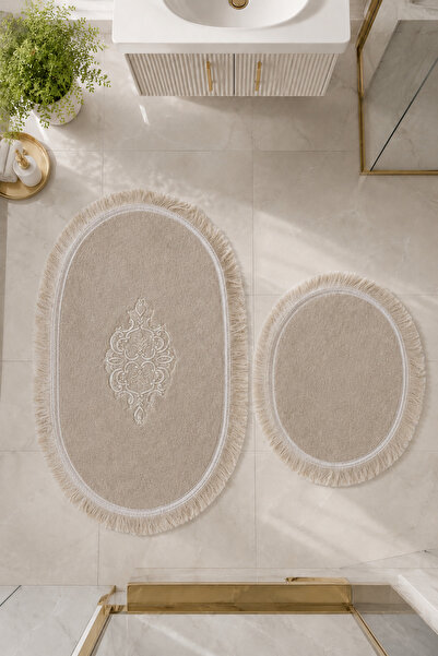Bonny Home Mink 2-Piece Lace Non-Slip Leather Based Oval Bath Mat with Tassel...