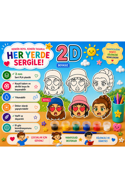 2D Boyanabilir Anime Kız Karakter Figür Seti 3'lü - Boya ve Fırça Dahil
