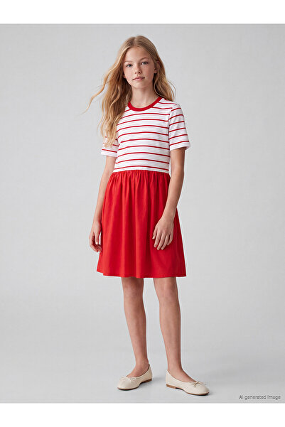 LC Waikiki Trendlucky Girl's Dress with Oval Neckline and Striped Pattern
