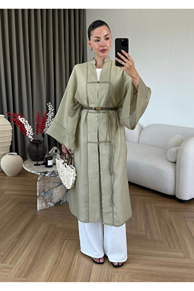 FEMMESTUDIO Kadın Haki İp Bağcıklı Çin Dügmeli Transparan Uzun Gömlek