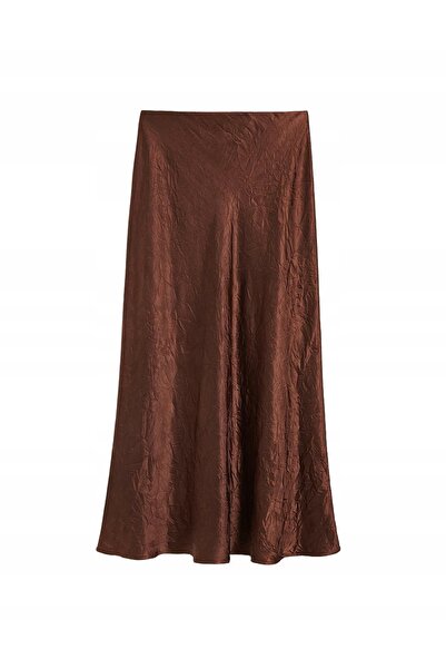 NO BRAND Fustă maxi maro din satin, cu efect încrețit, simplă, netedă, mărime M.
