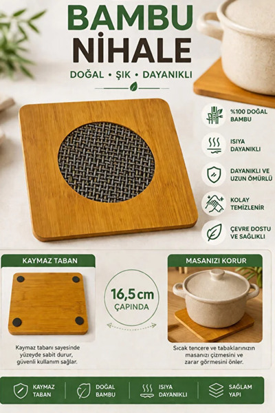 QNİAY Kare Ahşap Nihale Isı Pedli Kaydırmaz Taban Tencere Tava Çaydanlık Altl...