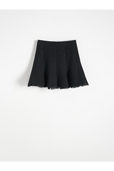 NO BRAND Fustă mini tricotată neagră, evazată, cu franjuri, mărimea XL.