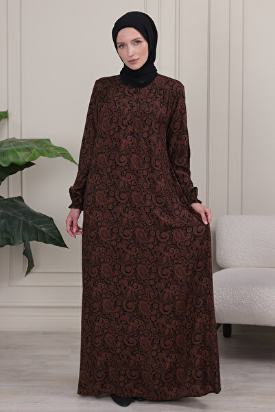 fistan Shirt Collar Front Buttoned Loose Viscose Shawl Pattern Dress Hijab Dr...