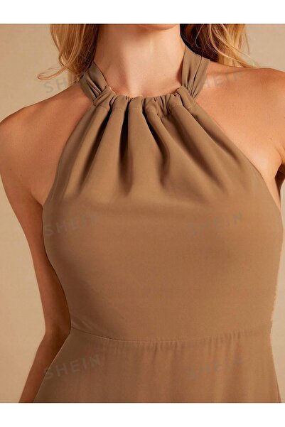 NO BRAND Shein 34 Rochie Maxi de Cocktail Uni din Chiffon, Maro Caramel