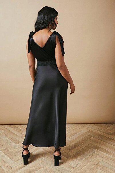 NO BRAND Rochie maxi largă din satin negru cu șnururi ozdobena top oasis 38