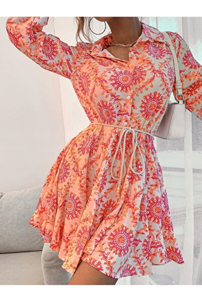 NO BRAND Rochie tip tricou mini, cu imprimeu, galben-roz, evazată, Shein S