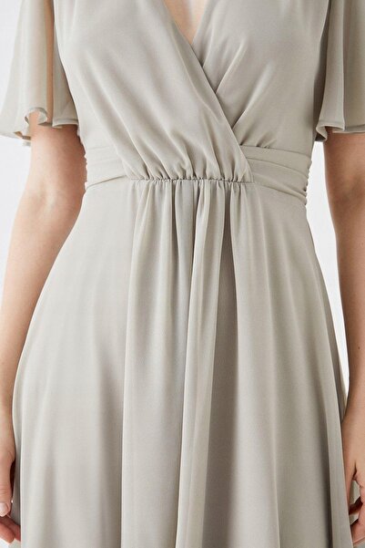 NO BRAND Rochie maxi din tul bej, cu mâneci scurte, decolteu petrecut, Debut ...