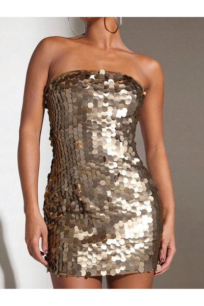 NO BRAND Rochie mini mulată aurie, fără mâneci, tip tub, cu paiete, glamour, ...