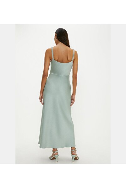 NO BRAND Rochie de cocktail maxi verde, din satin uni, cu bretele, Oasis 42