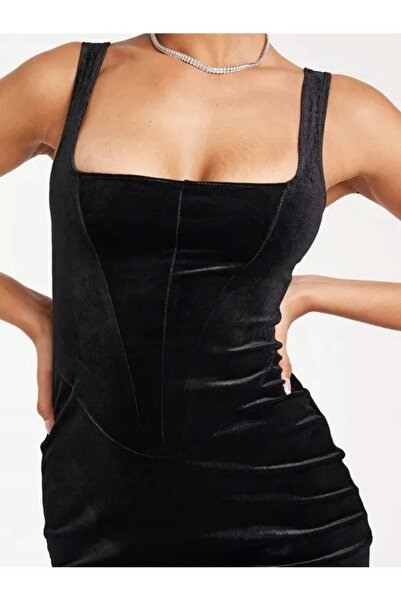 NO BRAND Rochie mini neagră cu bretele din catifea, simplă, uni, Nelly XS