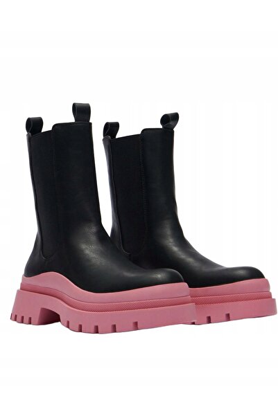 NO BRAND Ghete clasice cu platformă, negre, slip-on, cu talpă roz, House 36
