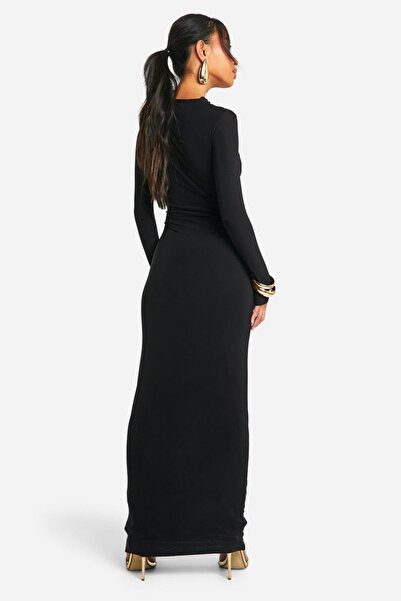 NO BRAND Boohoo Rochie Maxi Neagră, Mulată, Uni, cu Mânecă Lungă, Tip Creion, 36