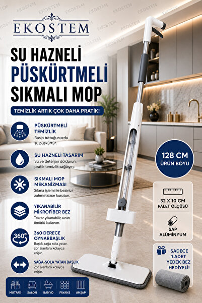 Ekostem ( 1 Adet Yedek Bez Hediyeli ) Kendinden Sıkmalı Mikrofiber Mop Su Haz...