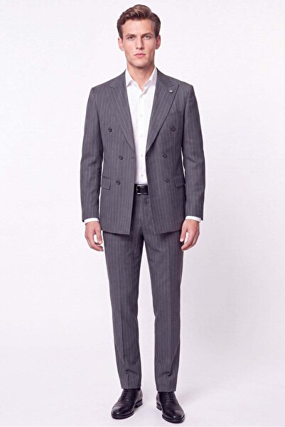 Efor Slim Fit 96% Wool Double Slit Striped Gray Double Breasted Suit Tk 954