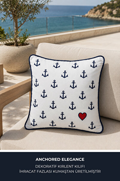 Ship Art Anchored Elegance Kalp Çapa 44X44 CM Lacivert Biyeli Nakışlı Kırlent...